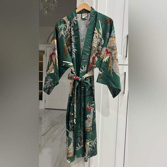 NWOT Japanese Yukata Robe Green Dragon and Bamboo Print Fabric Unisex - Picture 4 of 11